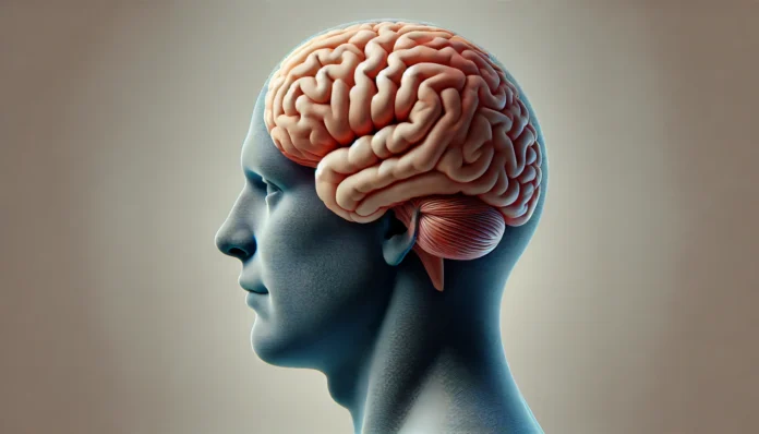 Educational 3D side view of the human brain, with clear visual emphasis on the cerebrum and its anatomical structure from a lateral perspective.