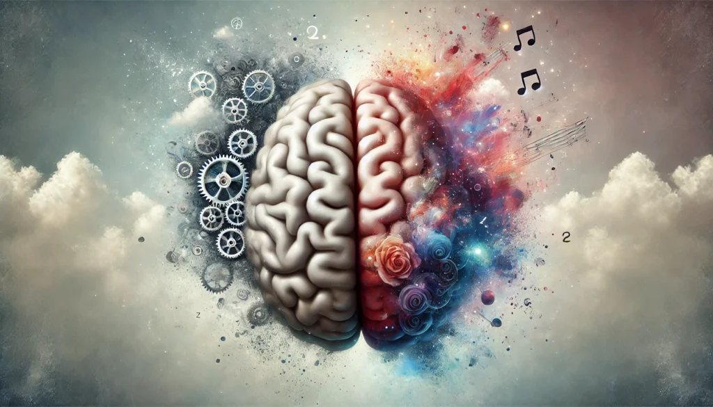 Artistic conceptual painting of a brain split into logical and creative hemispheres, visually expressing the unique roles of left and right side of the brain functions.