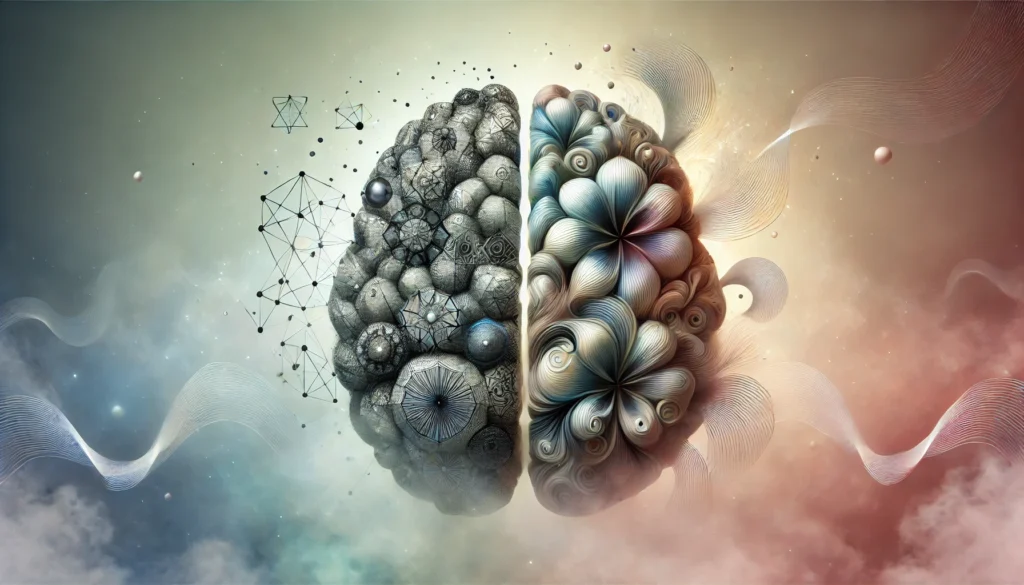 Surreal visualization of the left and right brain hemispheres emerging from mist, with geometric forms representing logic and flowing shapes representing creativity.