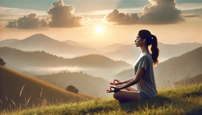 Young woman practicing deep breathing on a grassy hill at sunrise with misty mountains in the background, symbolizing mindfulness and anxiety relief through nature and breath.