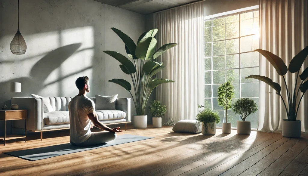 Man sitting cross-legged on a yoga mat in a sunlit living room, engaging in diaphragmatic breathing for anxiety relief in a calm indoor environment.