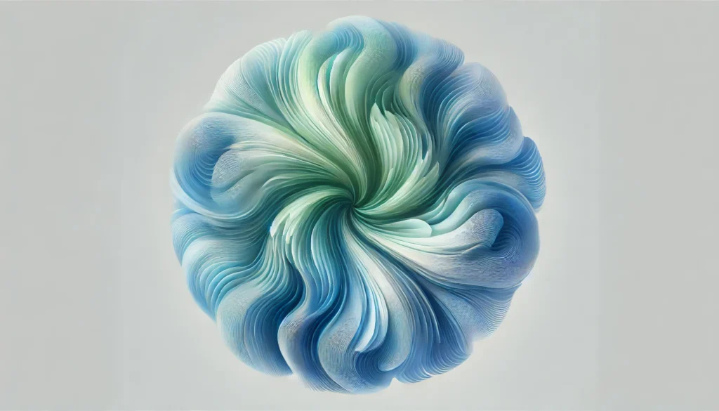Abstract swirl of blue and green tones radiating from the center, visually representing the calming, wave-like effect of deep breathing for stress and anxiety reduction.
