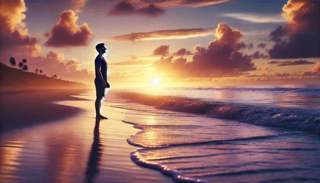 Person standing at the edge of a calm beach during golden hour, eyes closed while breathing deeply, capturing the soothing effects of breath and ocean tranquility on mental health.