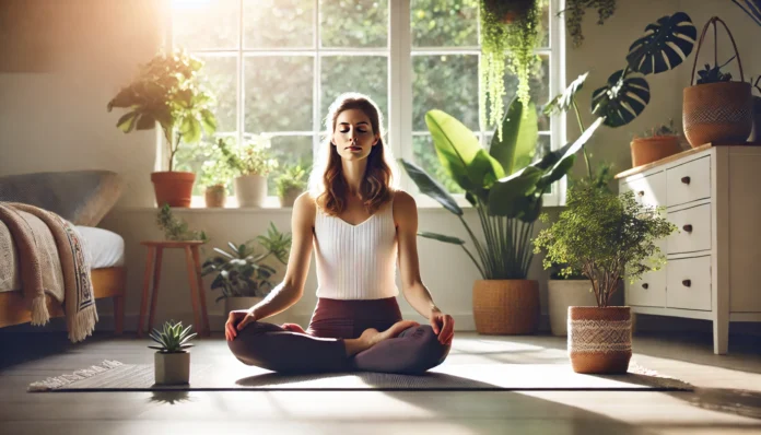 Woman practicing deep breathing meditation on a yoga mat in a sunlit room with indoor plants, promoting relaxation and stress relief through mindful breathing techniques.