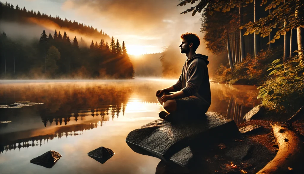 an meditating by a tranquil lake at sunrise, engaging in deep breathing exercises for anxiety reduction and inner calm in nature.