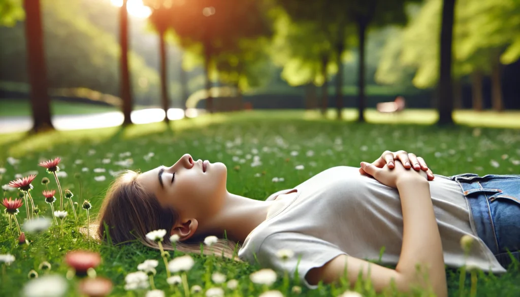 Young woman lying in a grassy park, hands on stomach, practicing diaphragmatic breathing under soft sunlight for natural stress relief.