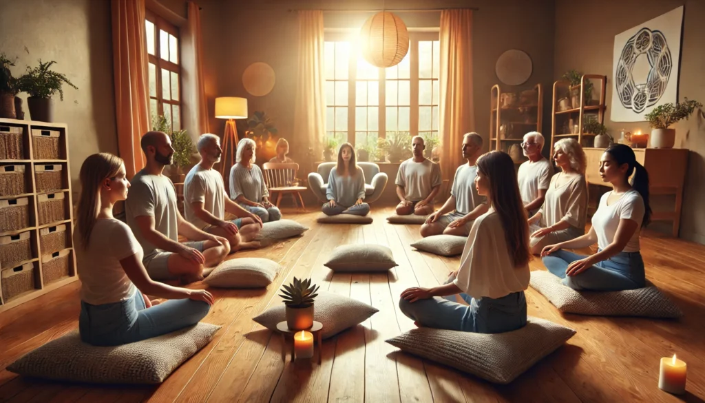 Diverse group of adults sitting in a circle indoors, practicing deep breathing together in a serene, warmly lit space to reduce anxiety and encourage mindfulness.