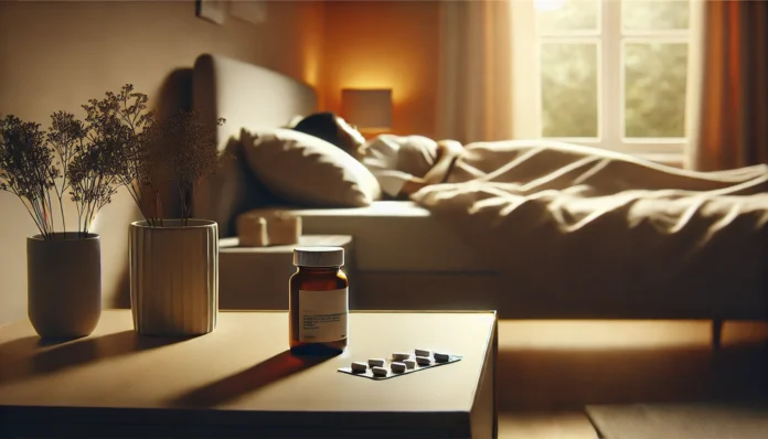 A peaceful bedroom scene with a person resting calmly in bed, next to an unbranded antihistamine bottle on a nightstand, suggesting natural anxiety relief and restful sleep.