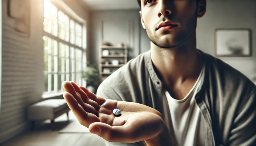 Close-up of a person holding an unbranded antihistamine pill in a softly lit room, visually symbolizing contemplation and potential anxiety relief through medication.