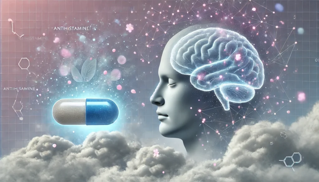 Conceptual image of a calm human brain surrounded by soft clouds and neurotransmitter-like particles, with a faint overlay of an antihistamine pill, representing the science behind using antihistamines for anxiety.