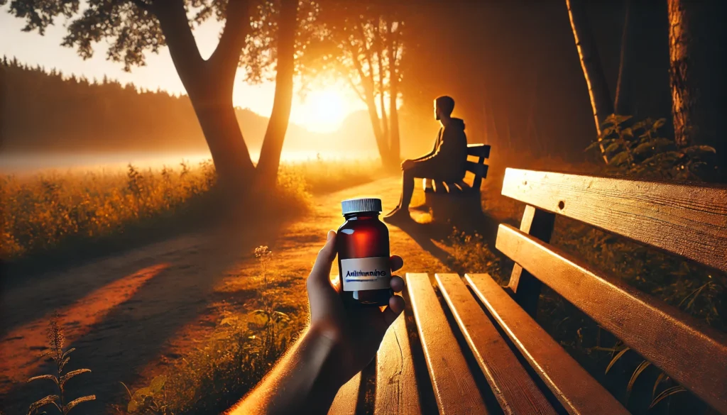 A tranquil outdoor sunrise scene with a person calmly sitting on a bench holding an unbranded medication bottle, symbolizing natural serenity and the calming effect of antihistamines on anxiety.