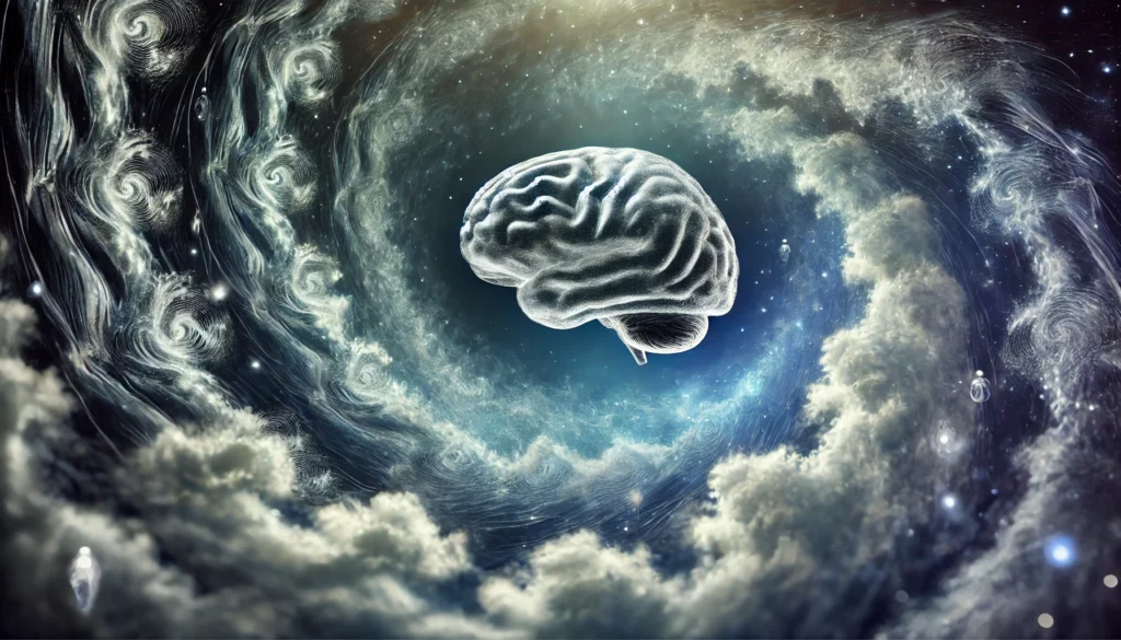 A surreal depiction of the human brain in deep sleep, surrounded by swirling, dream-like waves of light, symbolizing the brain’s mysterious and active role in memory consolidation and restoration.