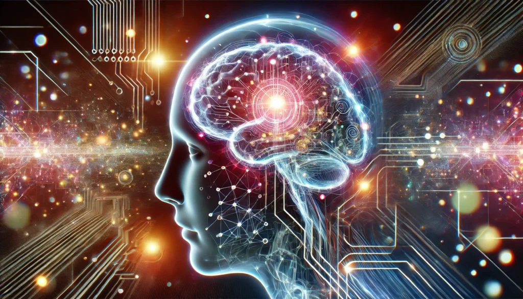 A futuristic illustration of a human brain interacting with artificial intelligence, featuring glowing data streams and digital elements merging with neural pathways, symbolizing the connection between biological intelligence and AI technology.