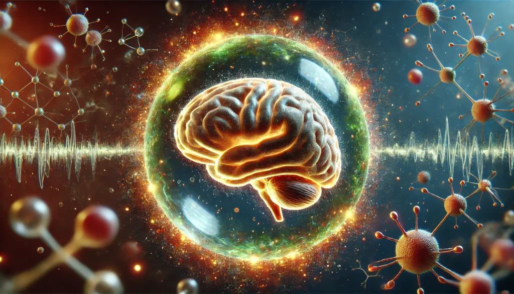 A high-resolution artistic rendering of a human brain with a glowing protective barrier, illustrating the blood-brain barrier’s role in filtering harmful substances while allowing essential nutrients to pass.