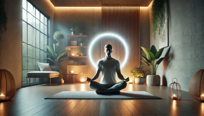 A serene indoor setting with a person meditating in a lotus position, symbolizing mental clarity and focus.
