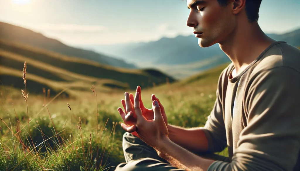 A focused individual practicing meditation outdoors with a peaceful landscape.