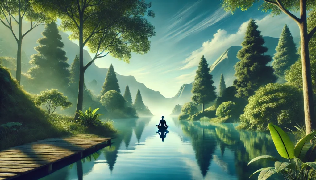 A tranquil nature scene by a lake, featuring a person meditating at the water's edge for mental clarity.