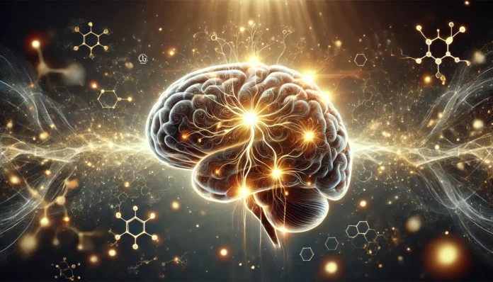 Digital illustration of a glowing human brain with golden neural pathways symbolizing glucose energy, set against a dark background with abstract neurons and molecular structures to represent cognition and neuroscience.