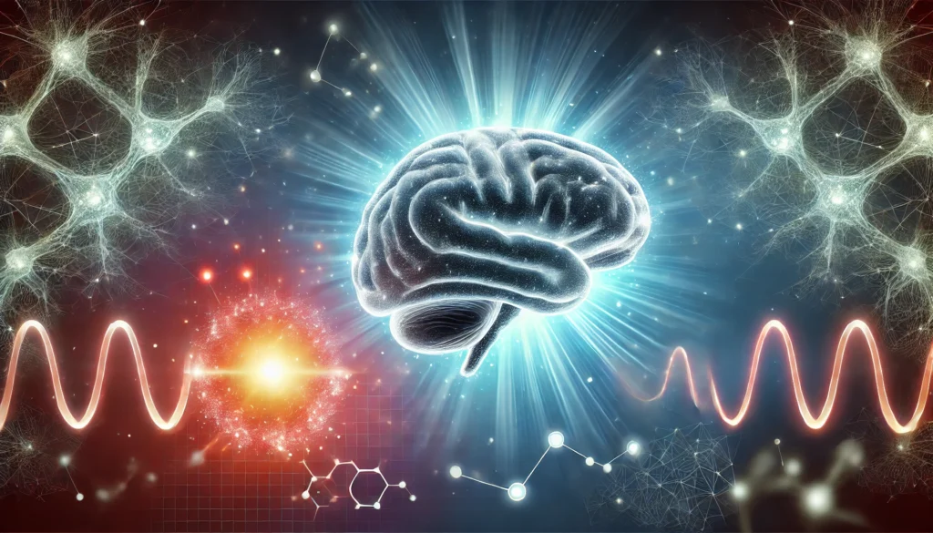 Futuristic visual of a human brain floating above a glowing glucose molecule with energy waves connecting them, surrounded by neural networks to illustrate the role of glucose in brain function and aging.