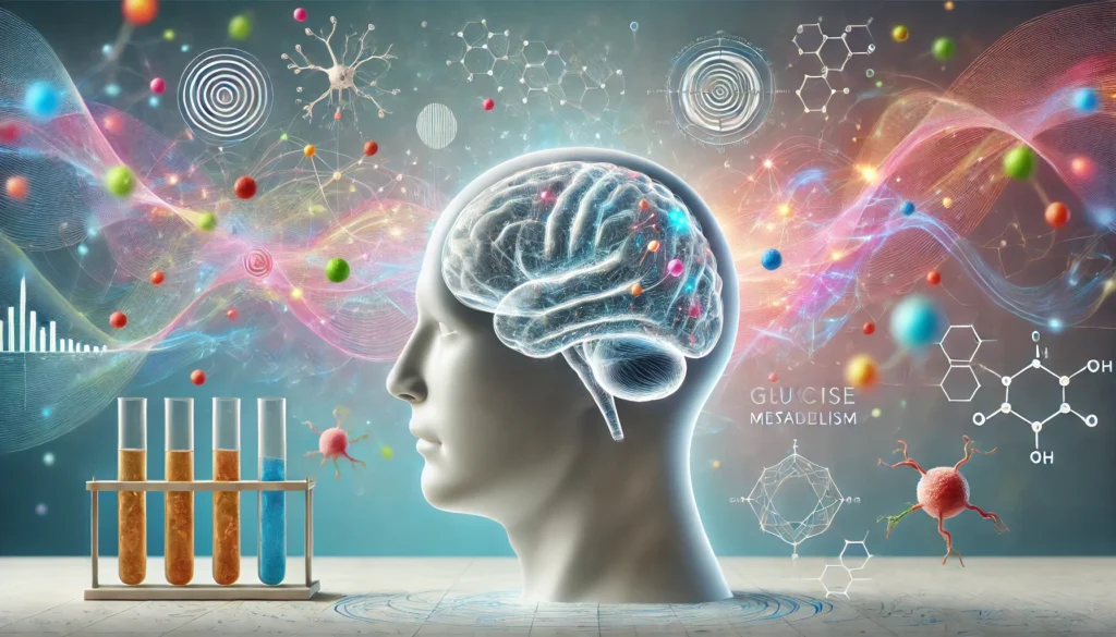 3D rendering of a human brain surrounded by colorful energy flows in a scientific lab setting, with floating neuron and molecule graphics symbolizing glucose metabolism, cognitive activity, and brain aging.