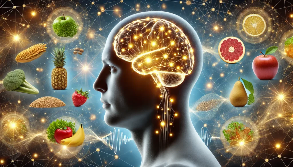 Conceptual side profile of a human head with a glowing brain connected by golden pathways to healthy glucose-rich foods like fruits and grains, with abstract neurons in the background reflecting brain health and energy.