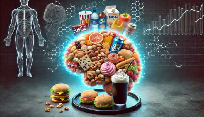 Visual representation of cortisol-increasing foods, including sugary snacks, fast food, and caffeinated drinks, displayed on a dark, stress-themed background to symbolize hormonal imbalance.