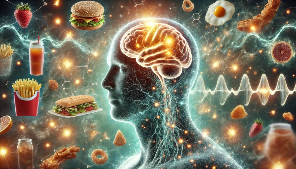 Artistic image of the human brain under cortisol stress, with visible neural pathways and symbolic visuals of unhealthy foods contributing to cognitive aging.