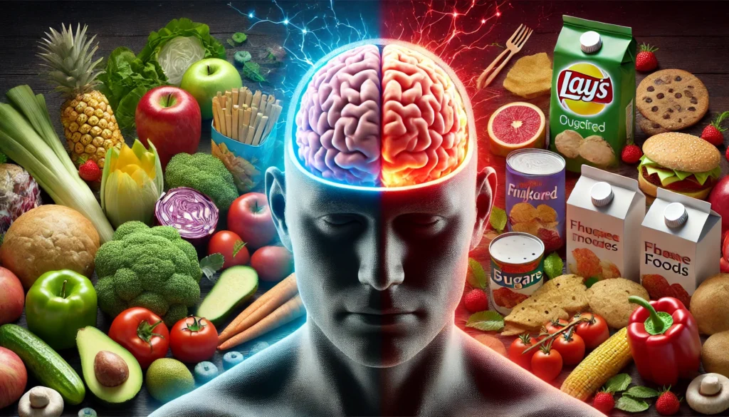 Conceptual split image of a healthy versus inflamed brain, contrasting whole foods with cortisol-triggering processed snacks to highlight the impact of diet on brain health.