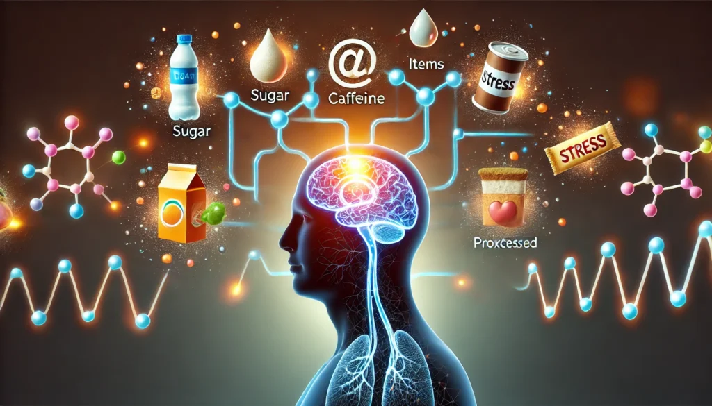 Symbolic scientific visualization of stress hormones activated by sugar, caffeine, and processed foods, with adrenal gland and brain pathway interactions illuminated.