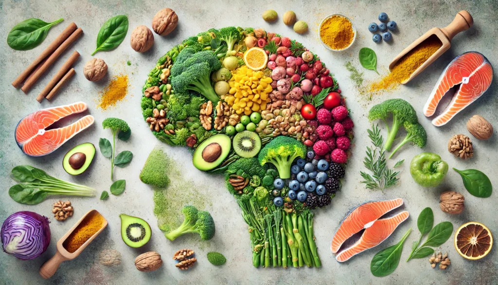An artistic brain-shaped mosaic made from colorful whole foods like broccoli, salmon, berries, and turmeric, highlighting the connection between enriching foods and neurological vitality.