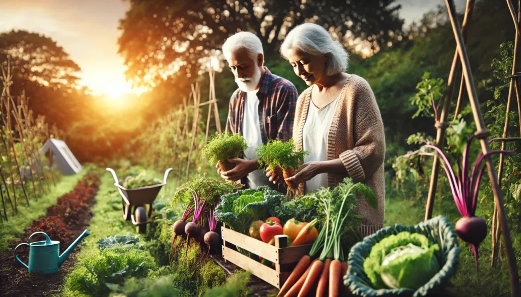 An elderly couple harvesting fresh vegetables from a lush garden, representing healthy aging through natural lifestyle choices and enriching food cultivation.