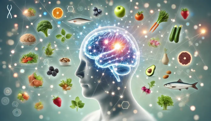 A futuristic 3D-rendered brain with glowing synapses surrounded by floating healthy foods like nuts, fish, and vegetables, illustrating the science behind power foods and brain function.