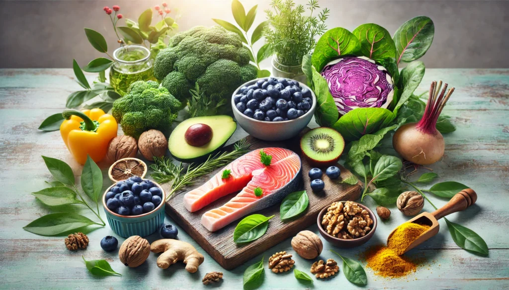 A vibrant assortment of brain-healthy foods including salmon, blueberries, leafy greens, turmeric, and green tea arranged on a wooden table in natural light, symbolizing the power of enriching foods for cognitive longevity and healthy aging.