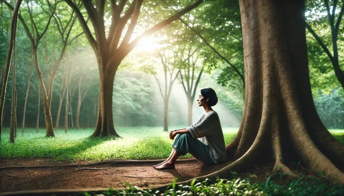 A calm individual sitting barefoot under a tree in a lush forest, eyes closed in a meditative posture, symbolizing grounding through connection with nature.