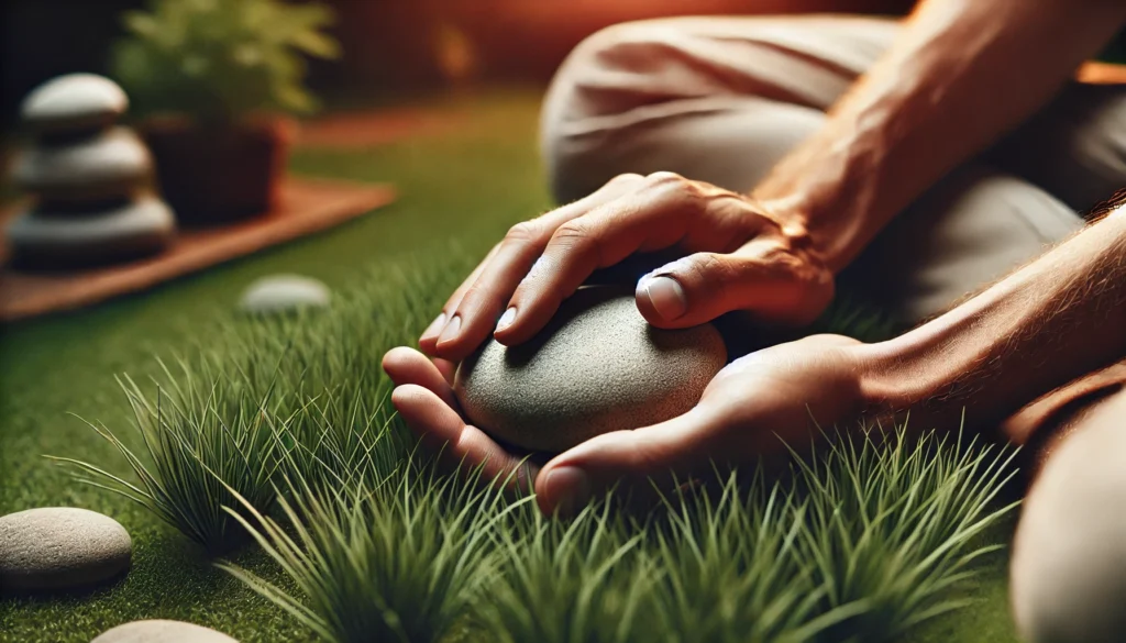 A close-up of hands gently holding a smooth stone and touching grass, visually representing tactile grounding techniques for anxiety relief.