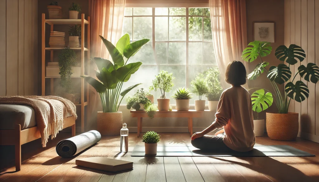 A person practicing deep breathing on a yoga mat indoors, surrounded by sunlight and houseplants, evoking a grounded and calming environment.