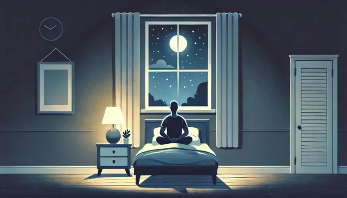 Peaceful bedroom at night with a person sitting up in bed practicing deep breathing, illuminated by a soft bedside lamp and a starry sky outside the window.