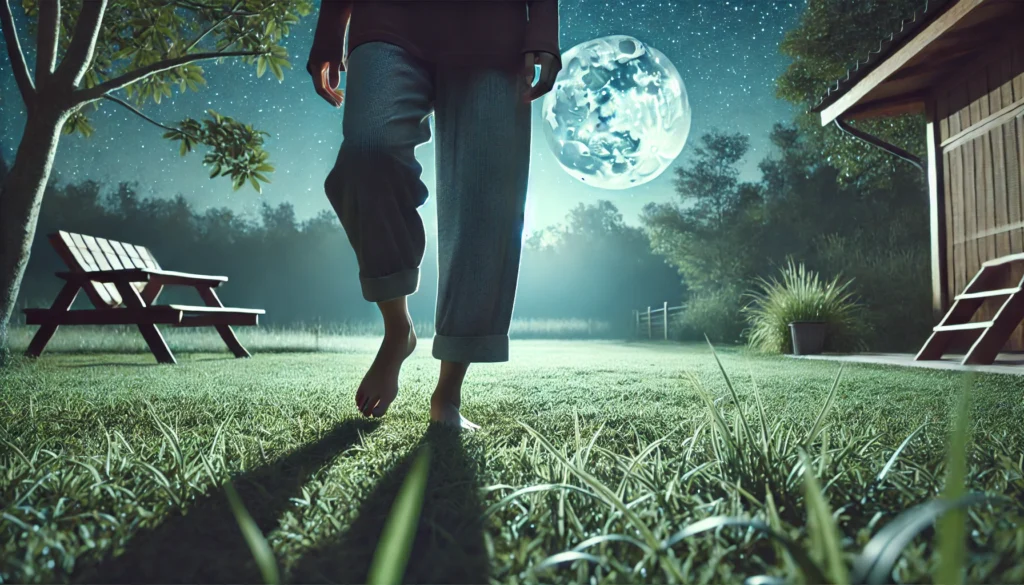 Calm nighttime scene of a person walking barefoot on grass in a moonlit backyard under the stars, surrounded by quiet trees, grounding themselves for anxiety relief.