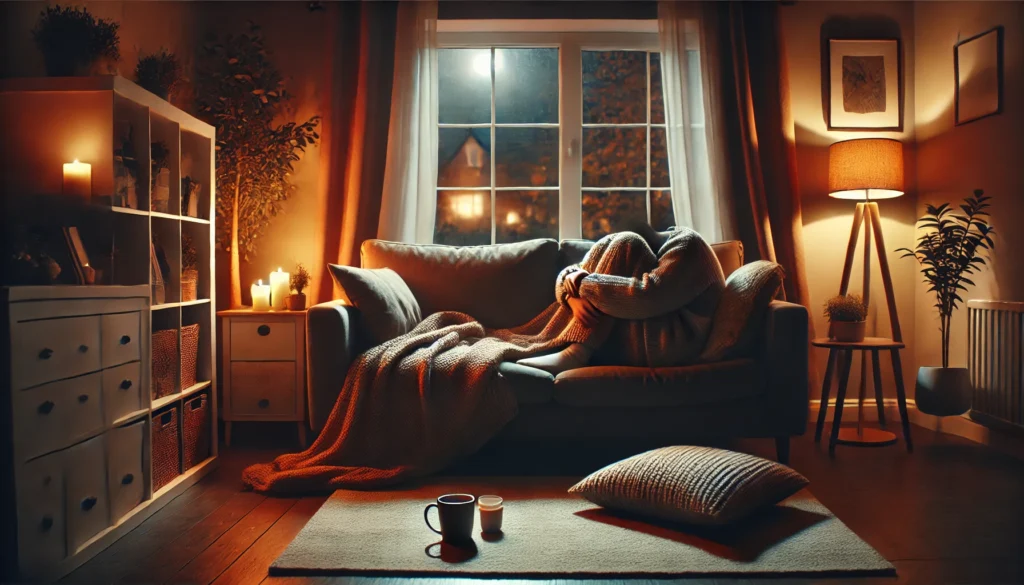 Cozy living room at night with a person curled up on a couch, holding a cup of tea under a blanket, surrounded by warm lighting and a tranquil atmosphere.
