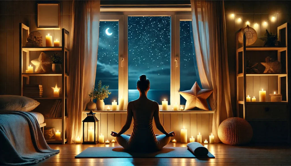 Tranquil night setting of a person meditating on a yoga mat in a softly lit room, surrounded by candles and peaceful decor, with stars visible outside the window.