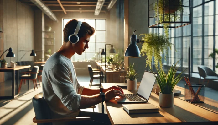 Modern minimalistic workspace with natural lighting, showing a focused individual wearing headphones while working on a laptop, symbolizing how the best music for concentration enhances productivity and cognitive function.