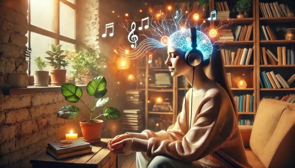 Cozy indoor study environment with soft lighting and greenery, where a young adult listens to music with headphones, representing how focus music can support brain health and mental clarity.