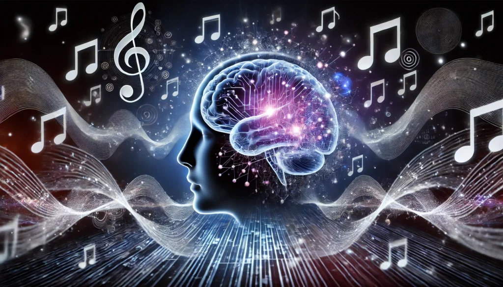 Futuristic artistic rendering of a glowing human brain surrounded by musical waveforms and neural energy, illustrating how music to help focus stimulates cognitive activity and supports long-term brain health.