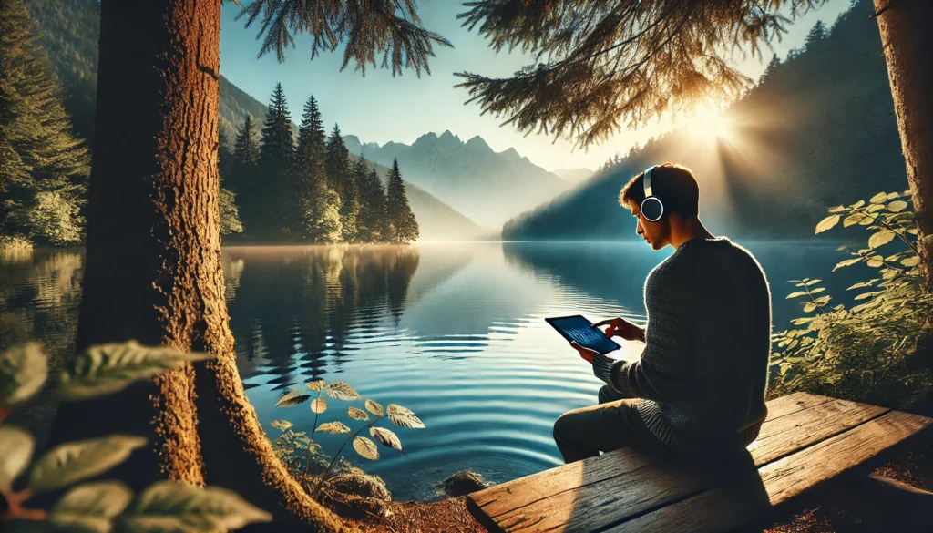 A tranquil lakeside setting with a person wearing headphones and using a tablet in nature, embodying how music to help study and focus fosters mental clarity in peaceful environments.