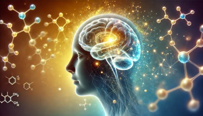Artistic rendering of a translucent human head with glowing neural networks and neurotransmitter synapses, highlighting mental clarity and brain plasticity.