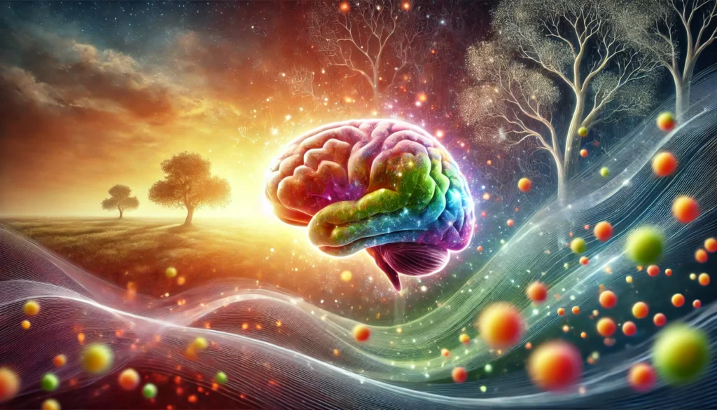 High-concept illustration of a glowing brain surrounded by neurotransmitter-like particles over a serene, natural landscape, symbolizing the harmony between brain chemicals and healthy aging.