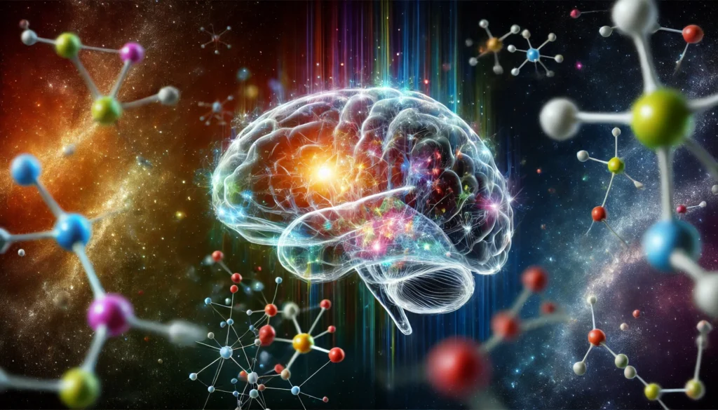 A surreal scientific rendering of a semi-transparent brain with glowing synapses, surrounded by floating colorful molecules in a cosmic background, symbolizing the vast complexity of brain chemistry and cognition.