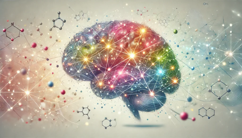 An artistic illustration of human brain activity, with vivid neural circuits and molecular structures glowing against a soft, abstract background, representing mental focus and neurochemical harmony.