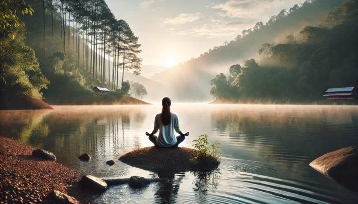 Woman practicing mindfulness meditation by a calm lake at sunrise, surrounded by mist and forested hills — symbolizing natural stress relief and mental clarity.