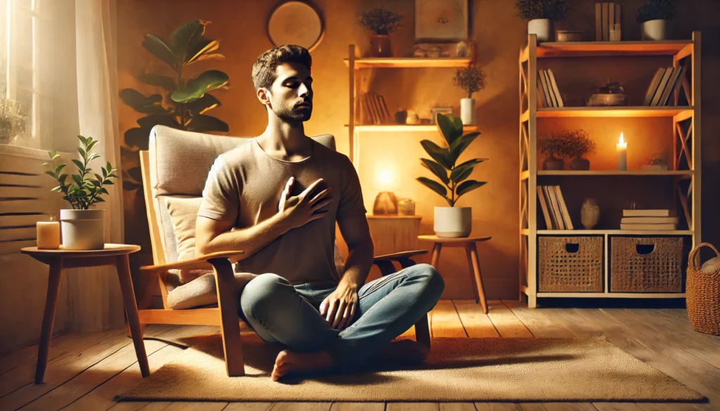 Man sitting calmly in a cozy room, practicing deep breathing with eyes closed—illustrating an evidence-based technique to reduce stress and support brain health.